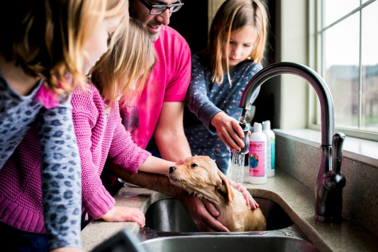 4 Menschen, davon 3 Kinder, waschen einen kleinen hellen Hund mit einer Brause